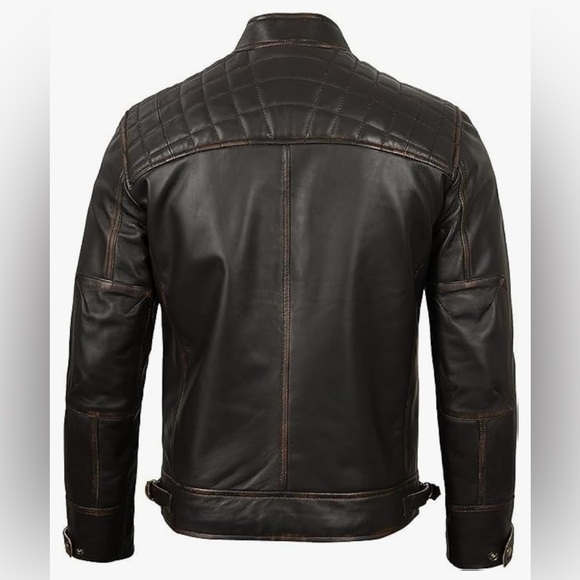 NWT [Real Leather] Motorcycle Biker Brown Diamond Leather Jacket Mens 2XL - Picture 4 of 16